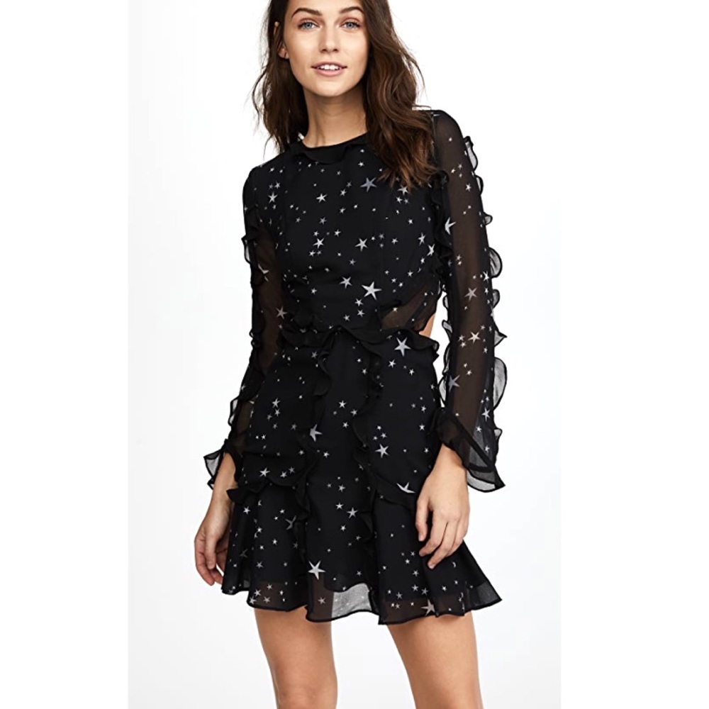 Fame and Partners Dress Kye Star Print Long Sleeve Ruffle Open Back Party Size 8